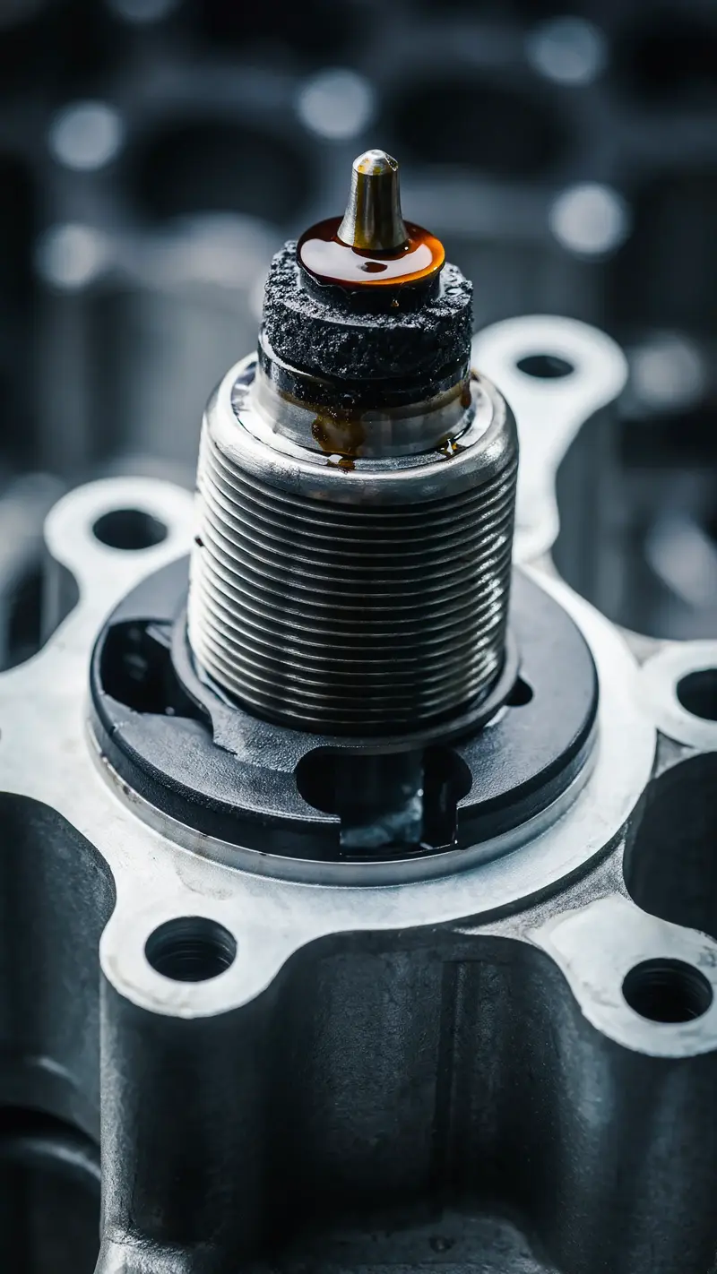 A diesel fuel injector showing carbon buildup and fuel residue during a professional fuel system diagnosis in Clinton, Utah.