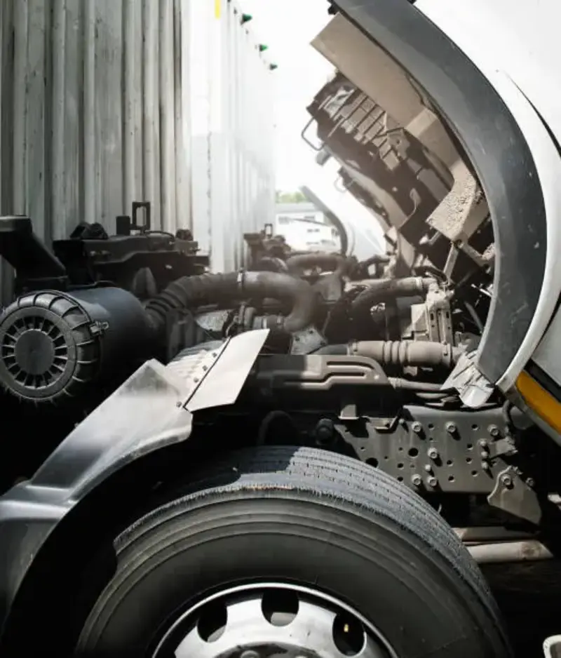 diesel-truck-engine-compartment-inspection-clinton-ut. Close-up view of a diesel truck engine compartment during an inspection, showing hoses and components being serviced by a mobile diesel mechanic in Clinton, UT