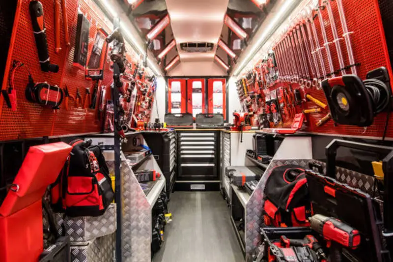 mobile-mechanic-service-truck-interior-fleetway-clinton-ut. Fully equipped mobile diesel repair service truck with professional tools and diagnostic equipment used by Fleetway Services in Clinton, Utah.