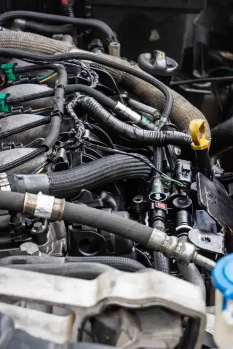 Detailed view of turbocharged engine components with wiring, fuel injectors, and braided hoses, captured during diagnostics or boost system service in Clinton, Utah.